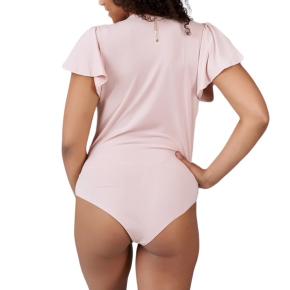 Haute Monde Ruffle Flutter Sleeve Mock Wrap Bodysuit Top Blush Pink Medium Sexy - Picture 5 of 16